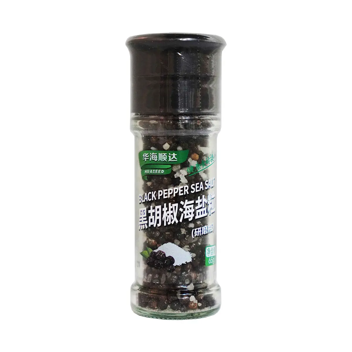 HHSD Black Pepper Seasalt With Bottle 65g | 华海顺达 黑胡椒海盐粒 带研磨瓶 65g