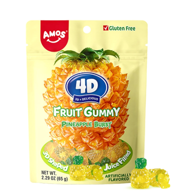 AMOS 4D Gummy Juicy Burst Pineapple Flavor 65g | AMOS 4D爆汁软糖 菠萝味 65g