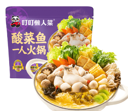 DINGDING FRESH Pakastettu hapankaalikala Yhden annoksen hot pot 490g | 叮叮懒人菜 冷冻 酸菜鱼一人火锅 490g