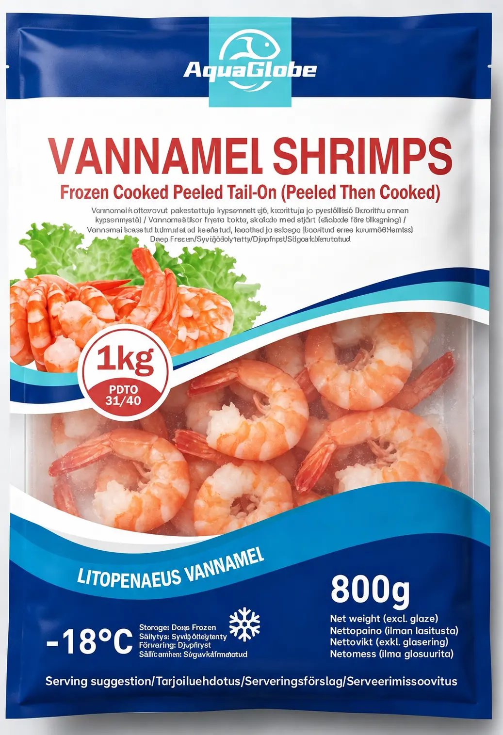 AquaGlobe Kypsät Kuoritut Vannamei Katkaravut Pyrstöllä 31/40 800 g | AquaGlobe 熟虾仁 带尾 31/40 800g