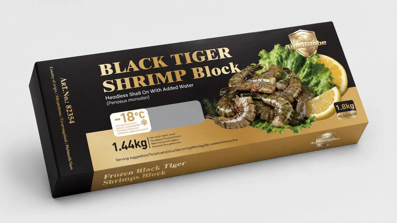 GOLDEN AQUAGLOBE Mustatiikerikatkarapu 16/20 HLSO 1,8 kg (Valutettu paino 1,44 kg) | 金标AQUAGLOBE 16/20 黑虎大虾 (无头有壳) 1.8kg (净重 1.44kg)