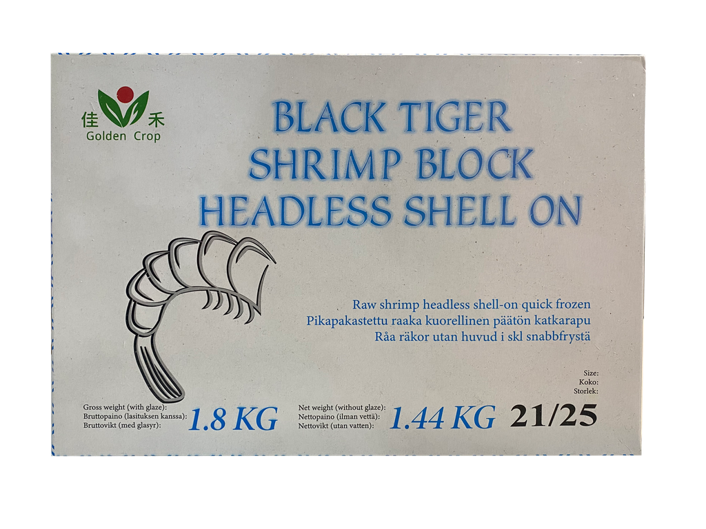 金标AQUAGLOBE 21/25 黑虎大虾 (无头有壳) 1.8kg (净重 1.44kg） | GOLDEN AQUAGLOBE Black Tiger Shrimps 21/25 HLSO 1.8kg (1.44kg)