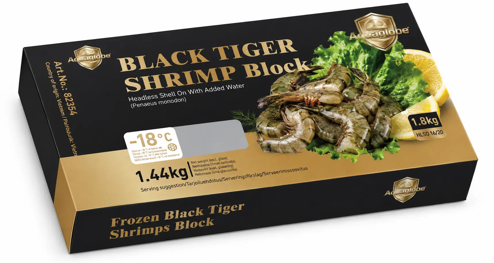 GOLDEN AQUAGLOBE Mustatiikerikatkarapu 21/25 HLSO 1,8 kg (Valutettu paino 1,44 kg) | 金标AQUAGLOBE 21/25 黑虎大虾 (无头有壳) 1.8kg (净重 1.44kg） 