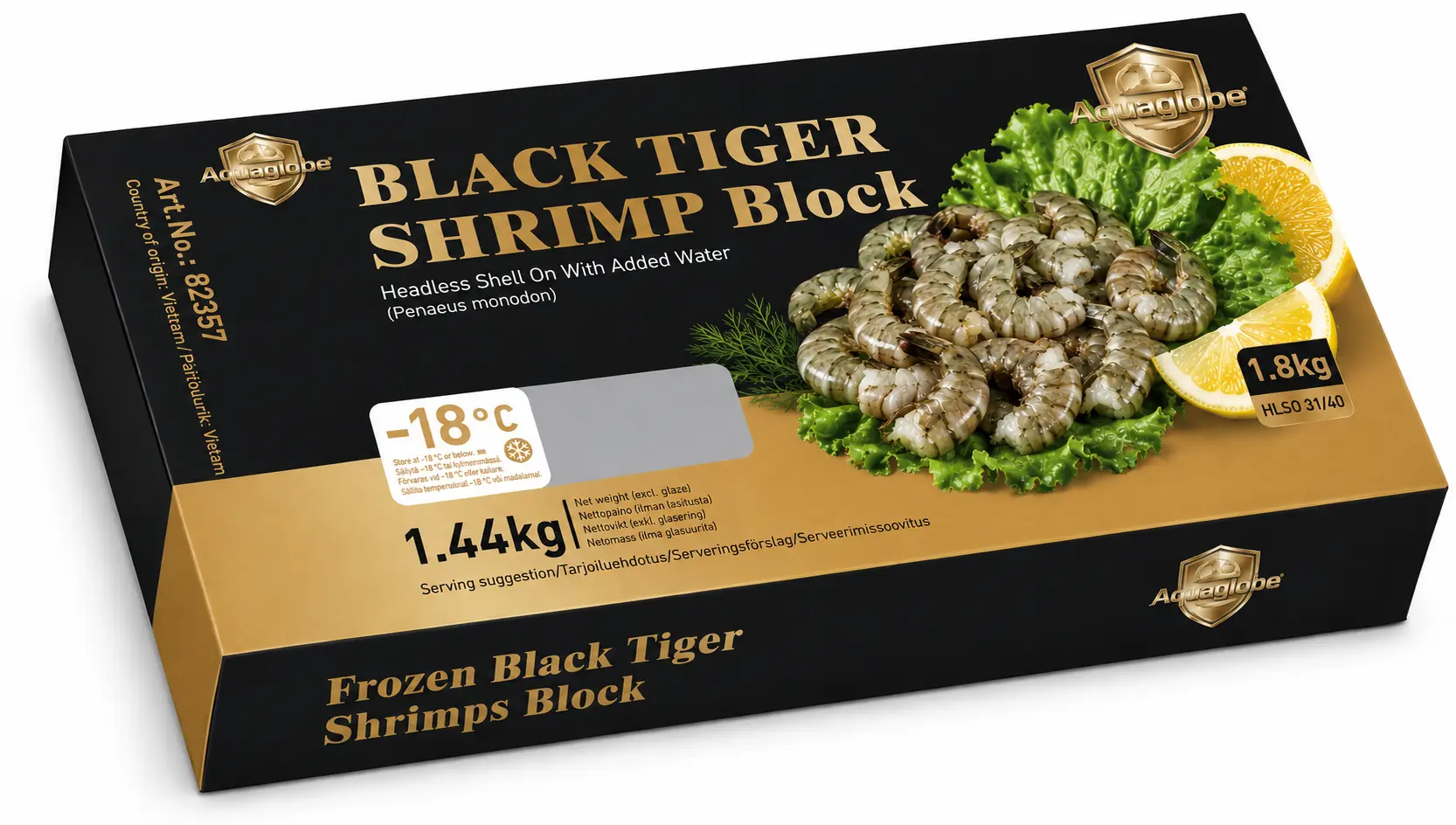 GOLDEN AQUAGLOBE Black Tiger Shrimps 31/40 HLSO 1.8kg (1.44kg) | 金标Aquaglobe 31/40 黑虎大虾 (无头有壳) 1.8kg (净重 1.44kg)