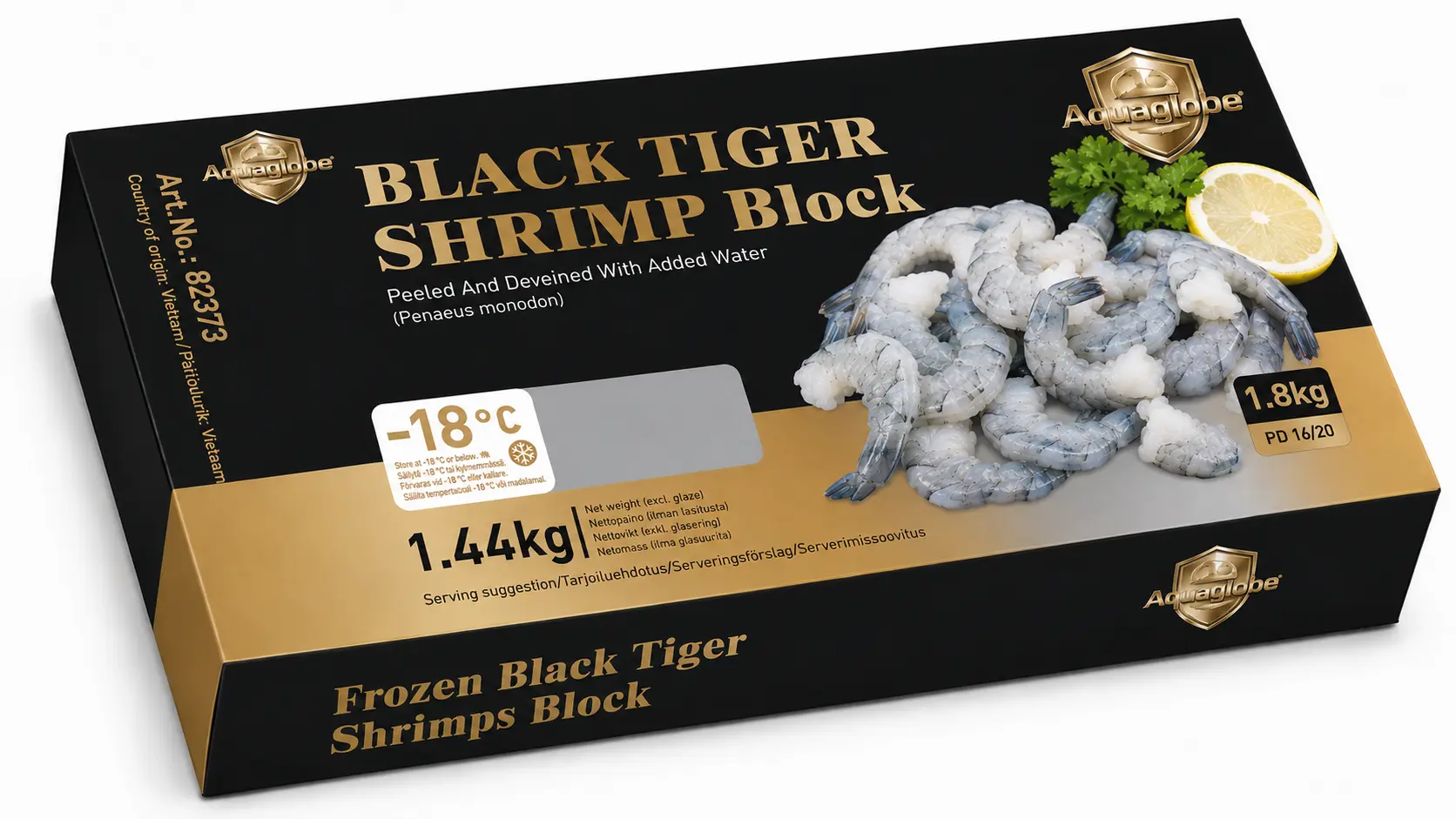 GOLDEN AQUAGLOBE Mustatiikerikatkarapu 16/20 PD 1,8 kg (Valutettu paino 1,44 kg) | 金标Aquaglobe 16/20 黑虎 虾仁1.8kg(净重 1.44kg)