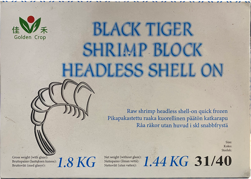 Fisherman’choice 31/40 黑虎大虾 (无头有壳) 1.8kg (净重 1.44kg) | Fisherman’choice Black Tiger Shrimps 31/40 HLSO 1.8kg (1.44kg)
